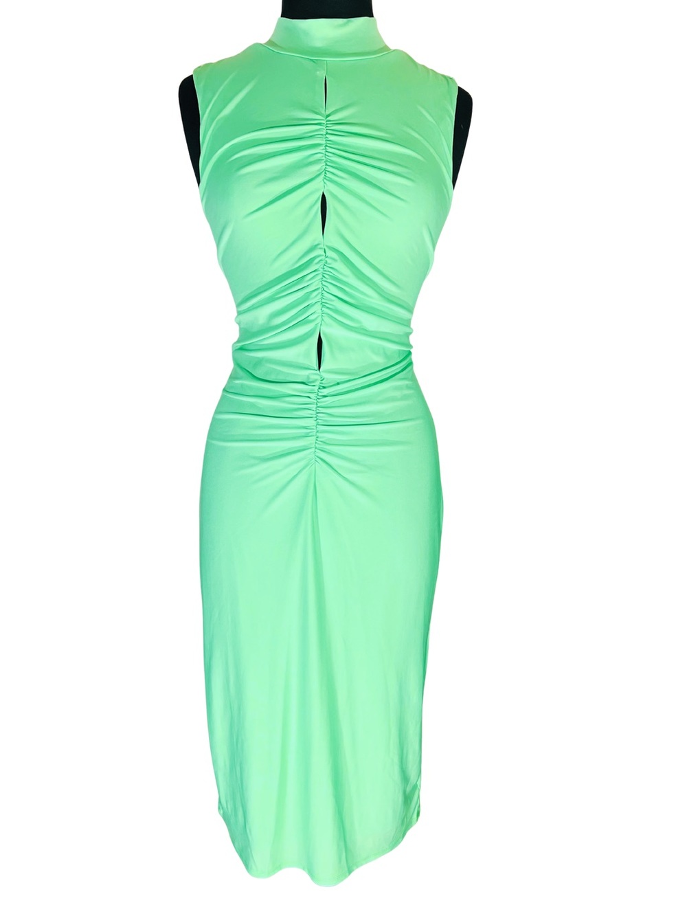 Fashion Nova Neon Green Ruched Keyhole Cut Out Front Midi Dress